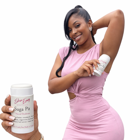 Girl in pink dress using suga pit deodorant , natural skincare , lighten dark armpits