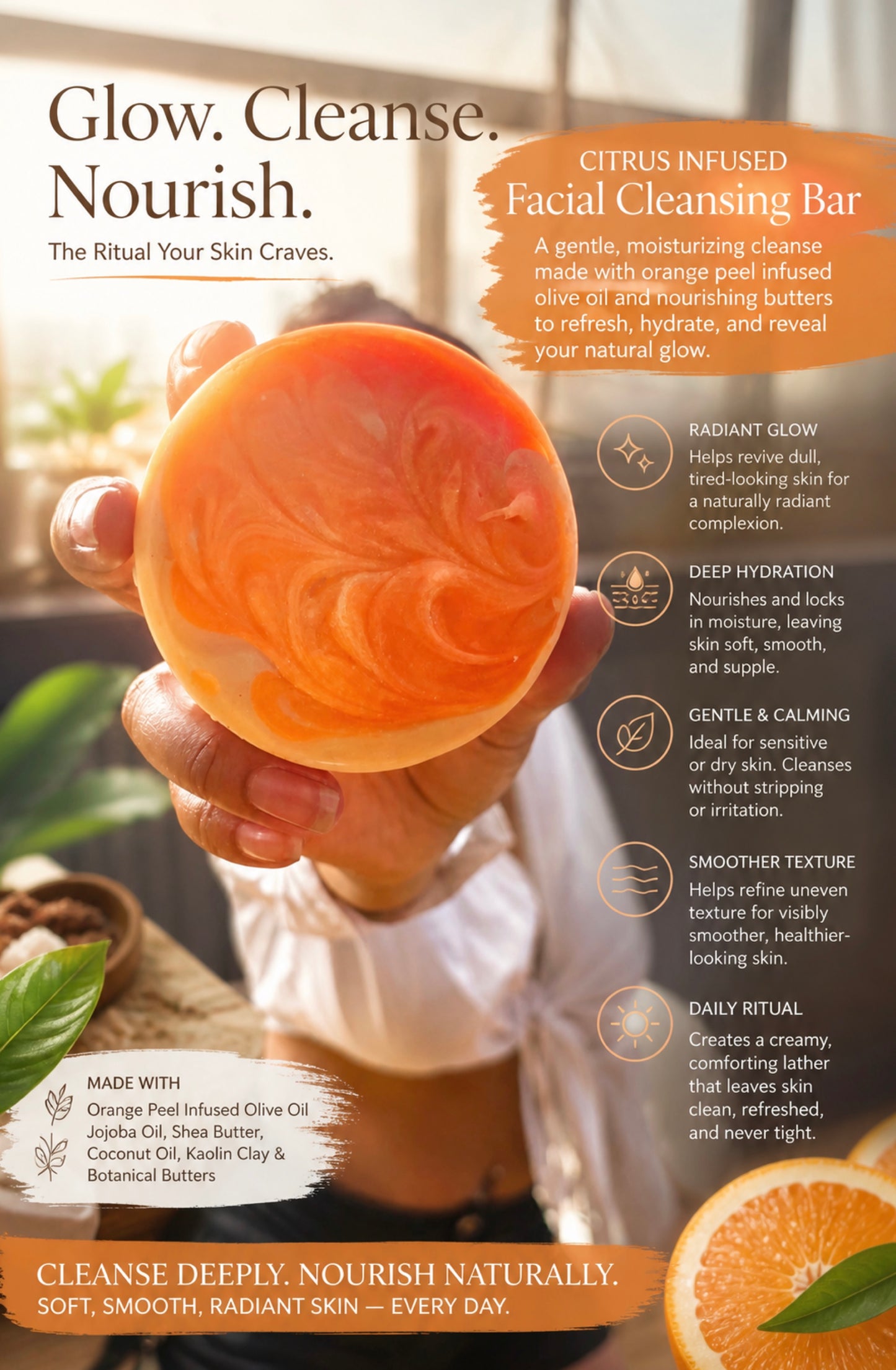 Moisturizing Orange Peel Facial Cleansing Bar – For Dry, Dull & Sensitive Skin