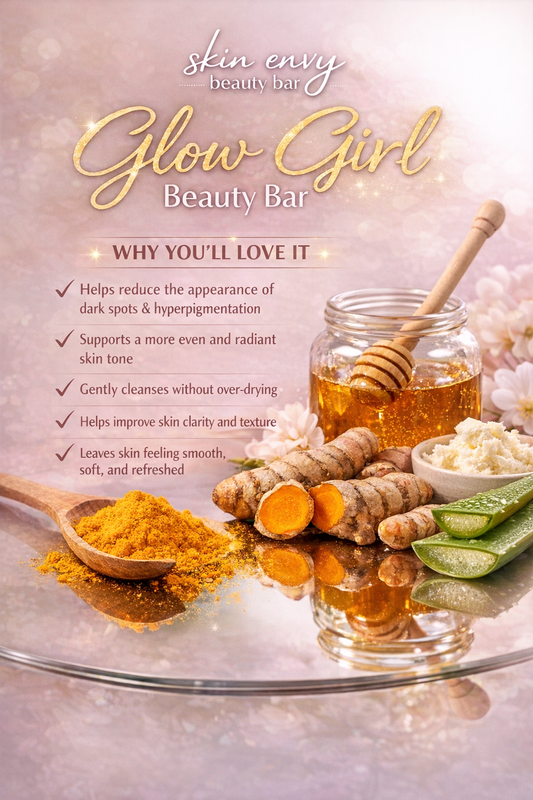 Advertisement for Glow Girl Beauty Bar with ingredients like turmeric, honey, and aloe vera on a reflective surface.