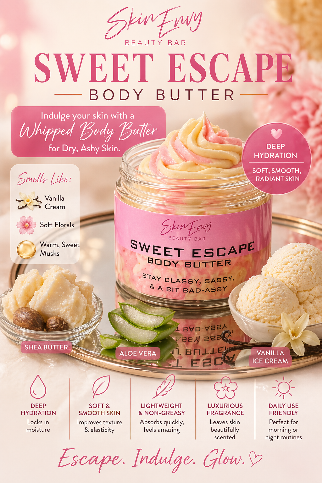 Whipped Body Butter for Dry, Ashy Skin -Deep Hydration Glow| Sweet Escape